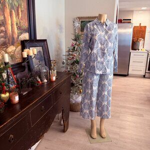 joie linen Pant & Blouse Set Blue Batik in a coastal print on a white backdrop